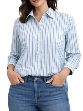Ann Taylor Blue Striped Cotton Button-Down Collared Shirt, size M